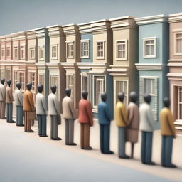 A high-quality digital art image depicts a line of diverse people waiting patiently