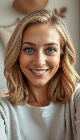 A portrait of a natural and confident woman aged 30-35, exhibiting symmetrical facial features, fair skin, and defined cheekbones