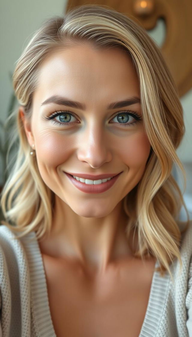 A portrait of a natural and confident woman aged 30-35, exhibiting symmetrical facial features, fair skin, and defined cheekbones