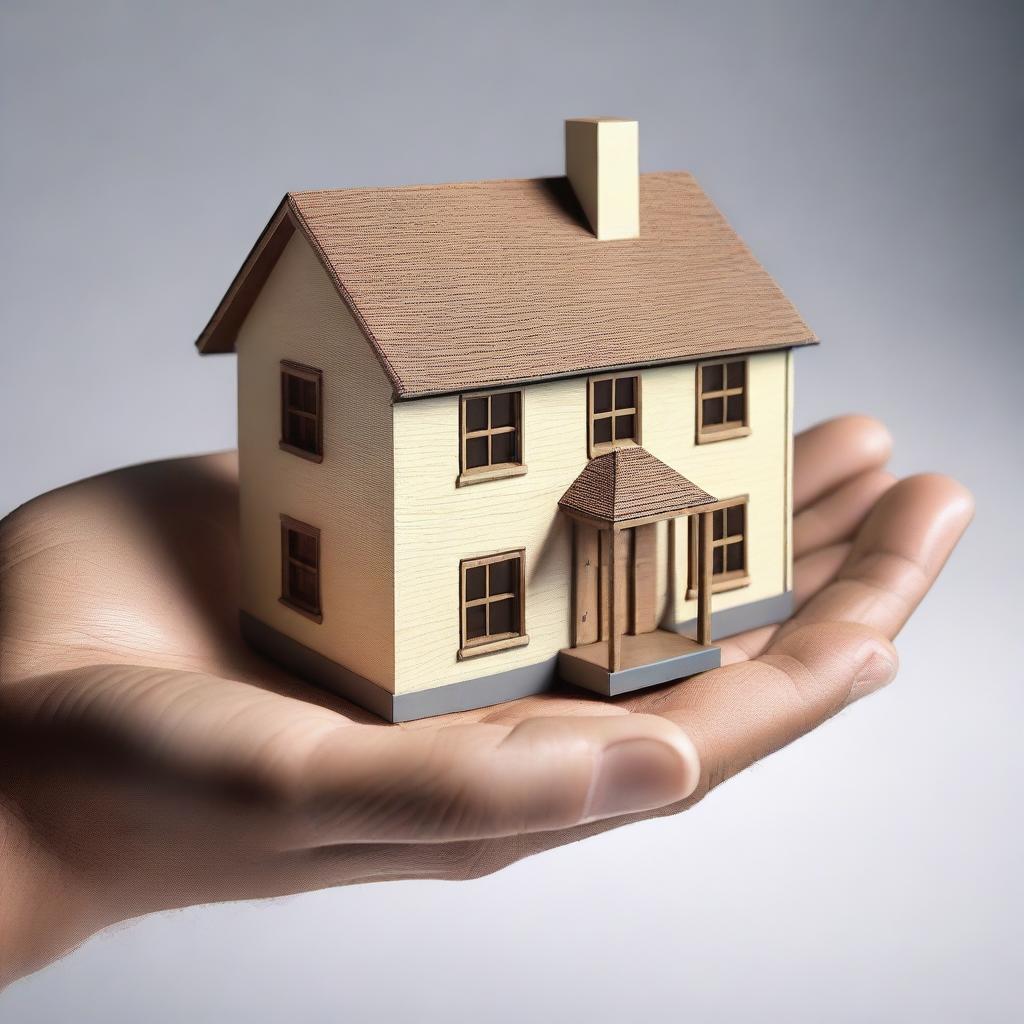 This is a high-quality digital art image showing a person's hands being presented with a miniature model of a house