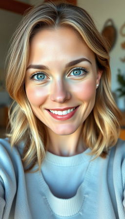 A portrait of a natural and confident woman aged 30-35, exhibiting symmetrical facial features, fair skin, and defined cheekbones