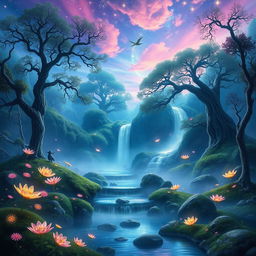 A stunning and enigmatic fantasy landscape featuring a mystical forest with luminescent plants and flowers, shimmering streams, and majestic ancient trees
