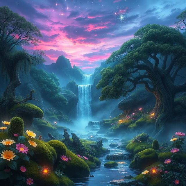 A stunning and enigmatic fantasy landscape featuring a mystical forest with luminescent plants and flowers, shimmering streams, and majestic ancient trees