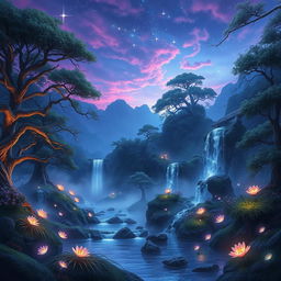 A stunning and enigmatic fantasy landscape featuring a mystical forest with luminescent plants and flowers, shimmering streams, and majestic ancient trees