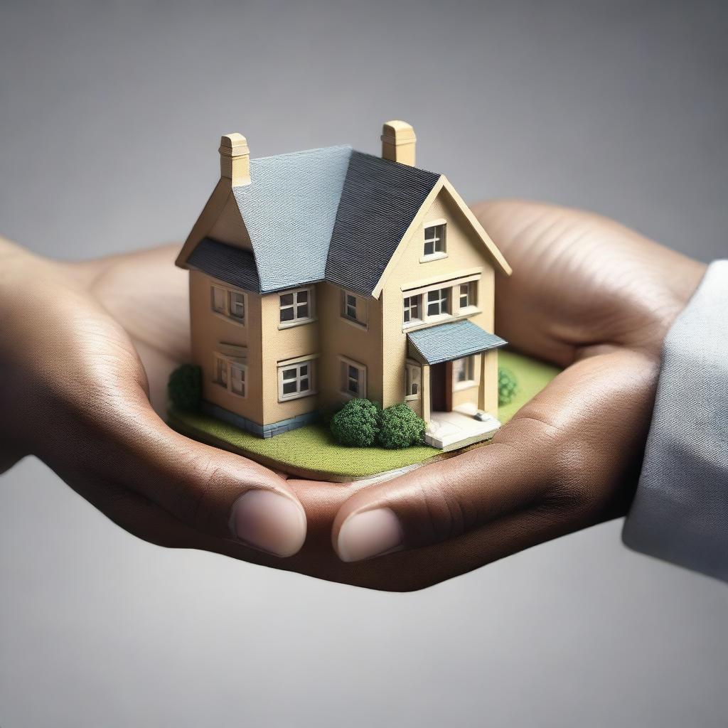 This is a high-quality digital art image showing a person's hands being presented with a miniature model of a house