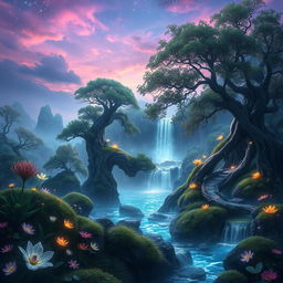 A stunning and enigmatic fantasy landscape featuring a mystical forest with luminescent plants and flowers, shimmering streams, and majestic ancient trees