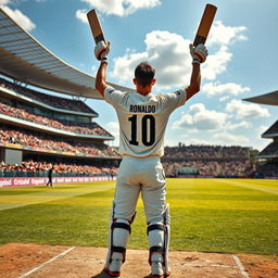 An electrifying cricket scene featuring Cristiano Ronaldo standing confidently on the pitch, holding his cricket bat like a trophy