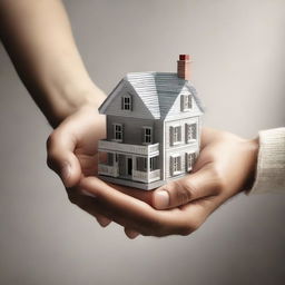 This is a high-quality digital art image showing a person's hands being presented with a miniature model of a house