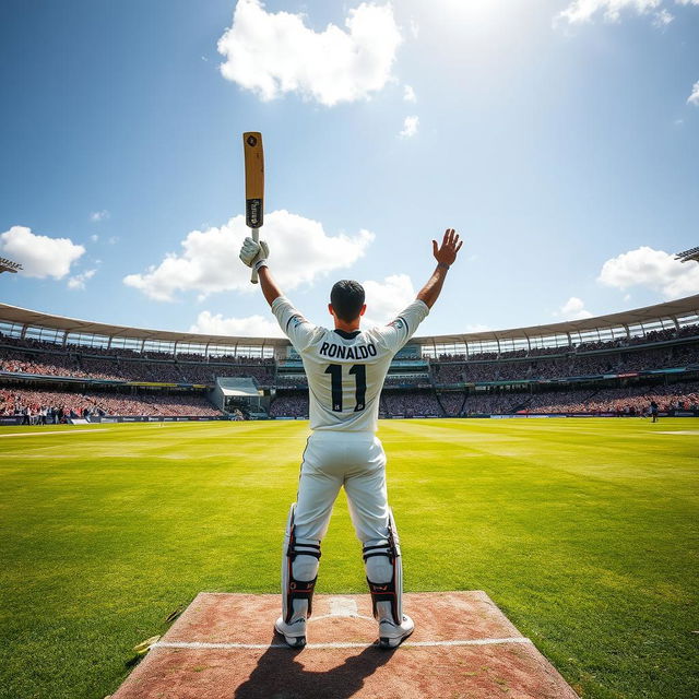 An electrifying cricket scene featuring Cristiano Ronaldo standing confidently on the pitch, holding his cricket bat like a trophy