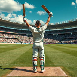 An electrifying cricket scene featuring Cristiano Ronaldo standing confidently on the pitch, holding his cricket bat like a trophy