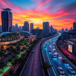A futuristic cityscape featuring electric roadways glowing with neon lights, bustling with autonomous electric vehicles