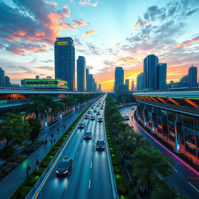 A futuristic cityscape featuring electric roadways glowing with neon lights, bustling with autonomous electric vehicles