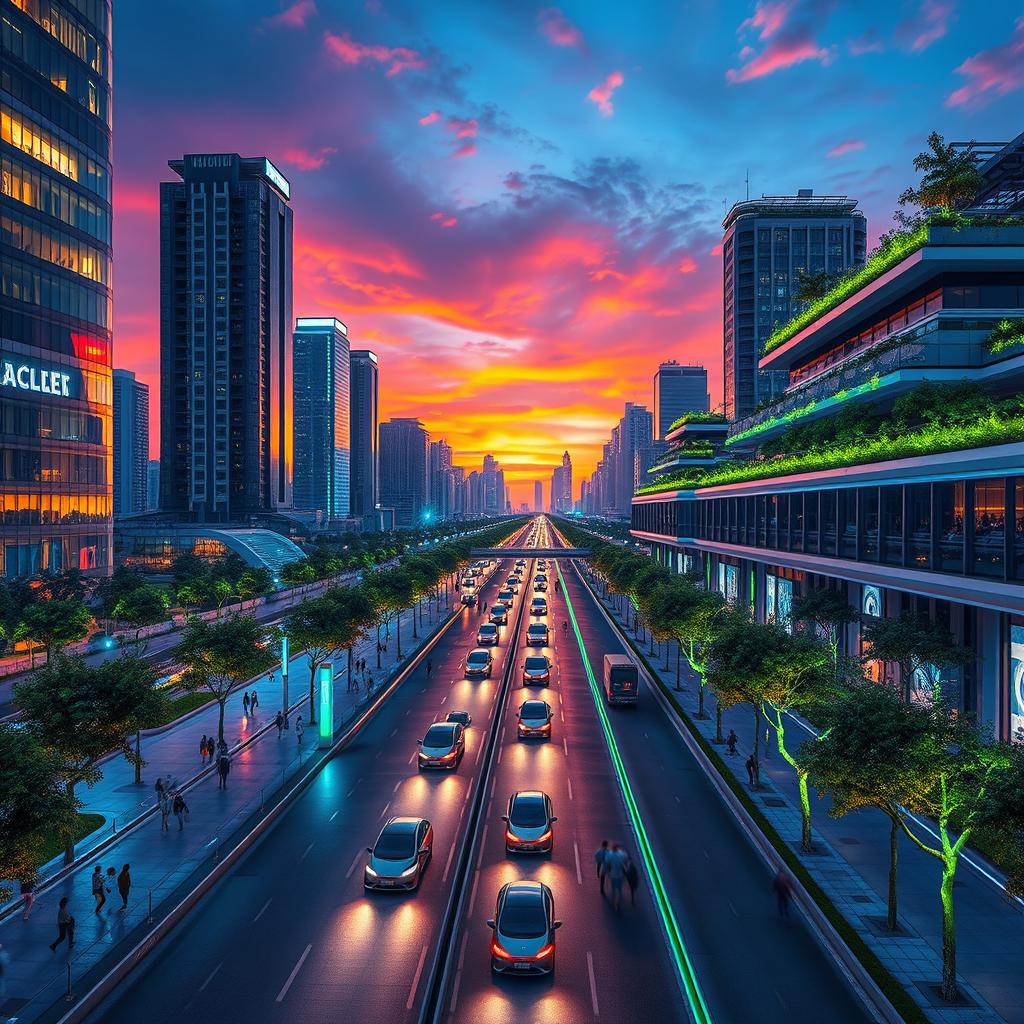 A futuristic cityscape featuring electric roadways glowing with neon lights, bustling with autonomous electric vehicles