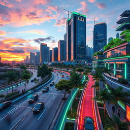 A futuristic cityscape featuring electric roadways glowing with neon lights, bustling with autonomous electric vehicles