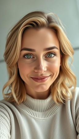 A portrait of a natural and confident woman aged 30-35, featuring symmetrical facial features, fair skin, and defined cheekbones