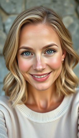 A portrait of a natural and confident woman aged 30-35, featuring symmetrical facial features, fair skin, and defined cheekbones