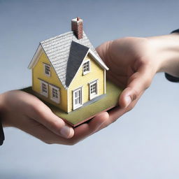 This is a photorealistic digital art image depicting a person's hands being presented with a miniature model of a house