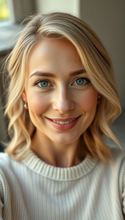 A portrait of a natural and confident woman aged 30-35, featuring symmetrical facial features, fair skin, and defined cheekbones