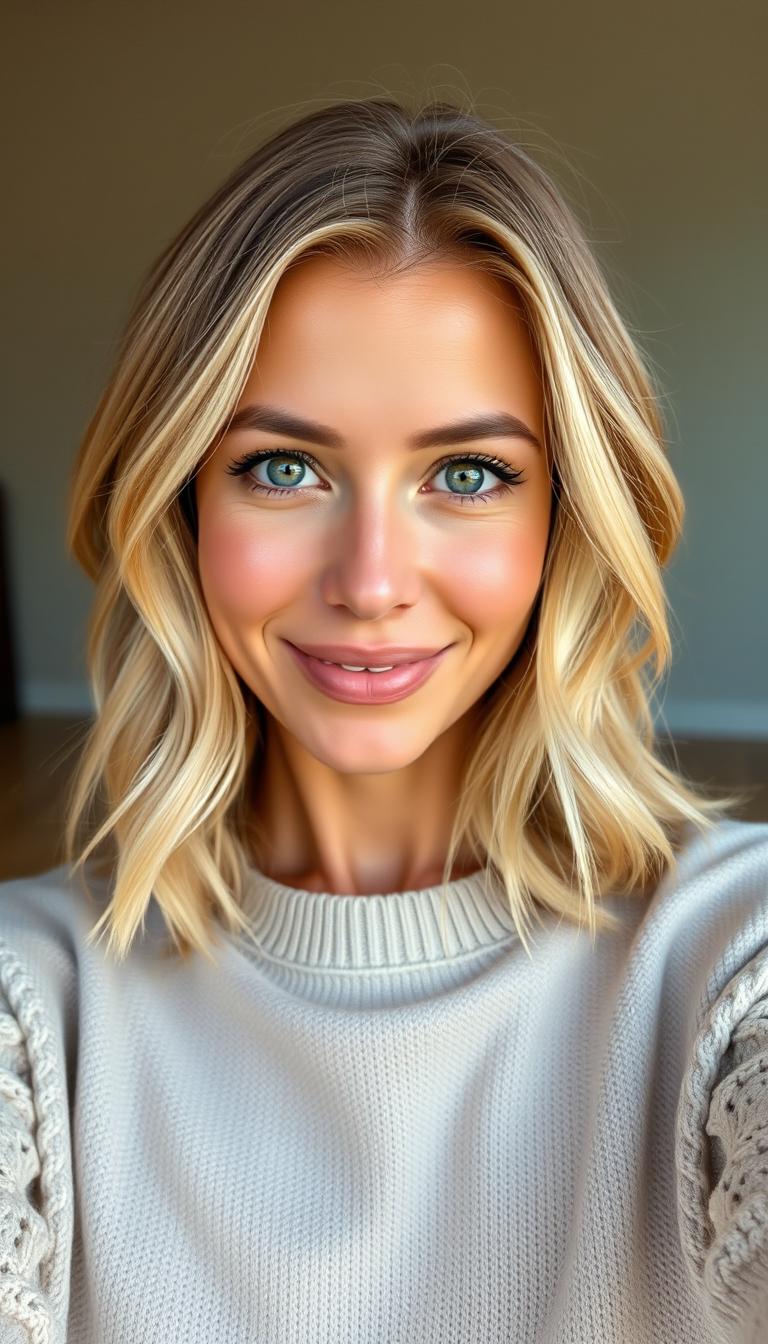 A portrait of a natural and confident woman aged 30-35, featuring symmetrical facial features, fair skin, and defined cheekbones