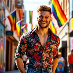 A confident gay man with an athletic build, standing in a vibrant urban setting