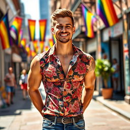 A confident gay man with an athletic build, standing in a vibrant urban setting