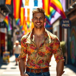 A confident gay man with an athletic build, standing in a vibrant urban setting