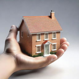 This is a photorealistic digital art image depicting a person's hands being presented with a miniature model of a house