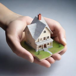 This is a photorealistic digital art image depicting a person's hands being presented with a miniature model of a house