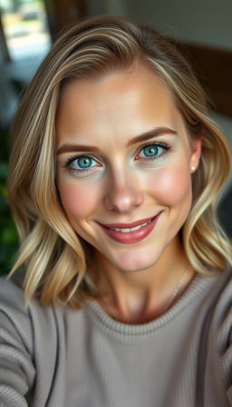 A portrait of a natural and confident woman aged 30-35, with symmetrical facial features, fair skin, and defined cheekbones