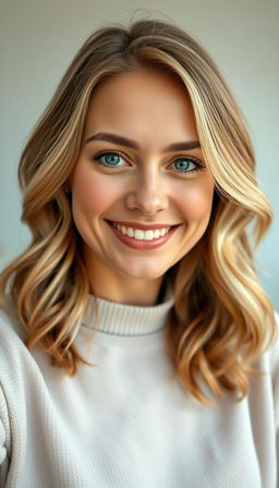 A portrait of a natural and confident woman aged 30-35, with symmetrical facial features, fair skin, and defined cheekbones