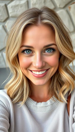 A portrait of a natural and confident woman aged 30-35, with symmetrical facial features, fair skin, and defined cheekbones