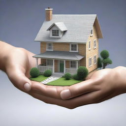 This is a photorealistic digital art image depicting a person's hands being presented with a miniature model of a house