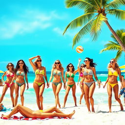 A vibrant and lively beach scene featuring several women in colorful beachwear