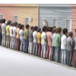 This is a high-quality photorealistic digital art image, showing a line of diverse people in an orderly queue