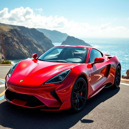 A stunning, high-performance sports car with a sleek aerodynamic design, showcasing its vibrant red color and shiny metallic finish