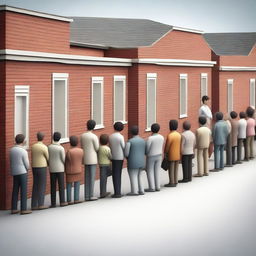 This is a high-quality photorealistic digital art image, showing a line of diverse people in an orderly queue