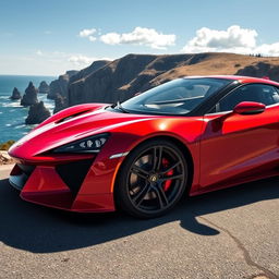 A stunning, high-performance sports car with a sleek aerodynamic design, showcasing its vibrant red color and shiny metallic finish