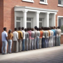 This is a high-quality photorealistic digital art image, showing a line of diverse people in an orderly queue