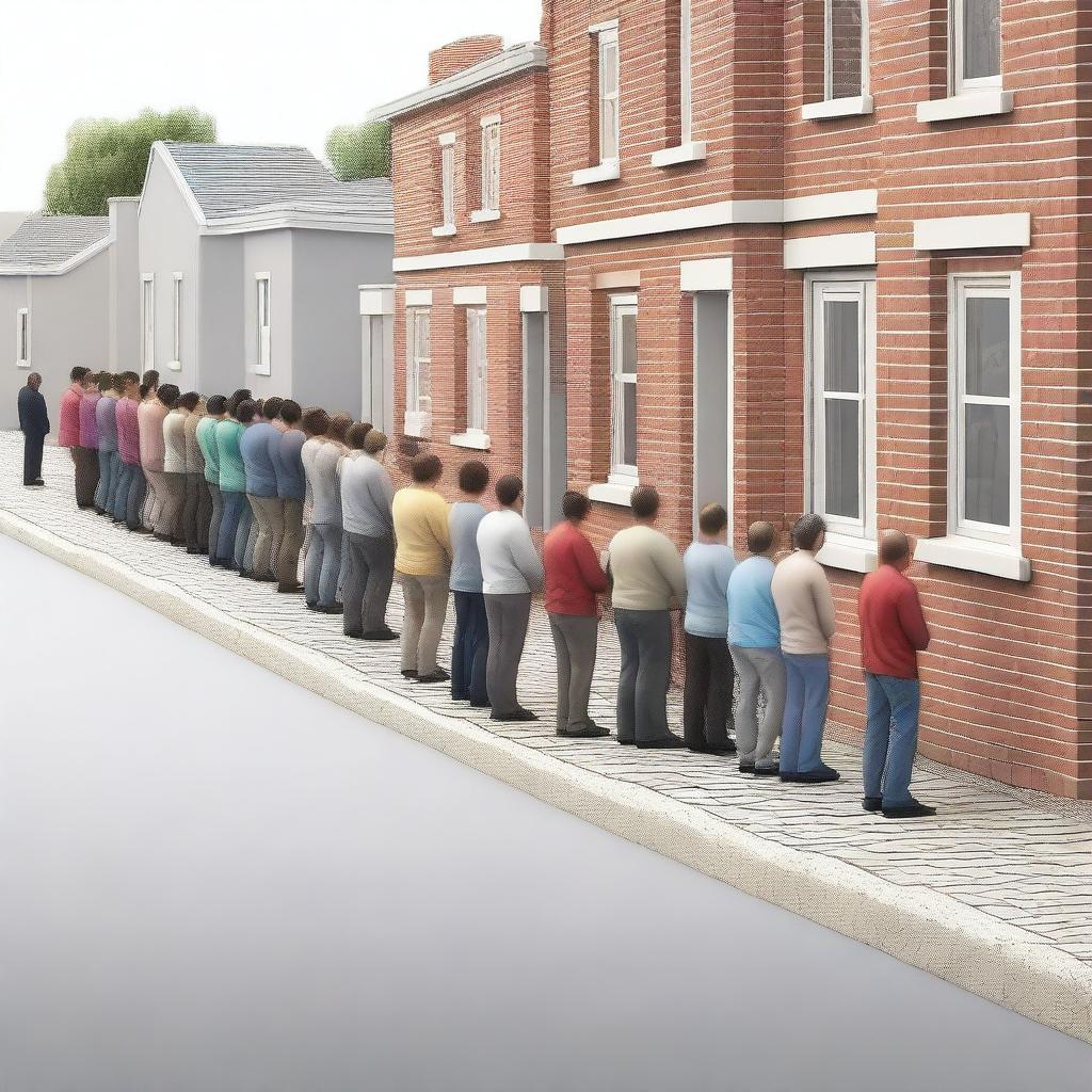 This is a high-quality photorealistic digital art image, showing a line of diverse people in an orderly queue