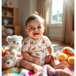 A playful and adorable baby sitting on a soft, colorful blanket surrounded by plush toys