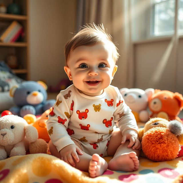 A playful and adorable baby sitting on a soft, colorful blanket surrounded by plush toys