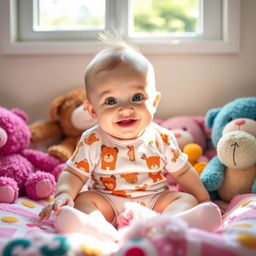 A playful and adorable baby sitting on a soft, colorful blanket surrounded by plush toys
