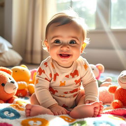 A playful and adorable baby sitting on a soft, colorful blanket surrounded by plush toys