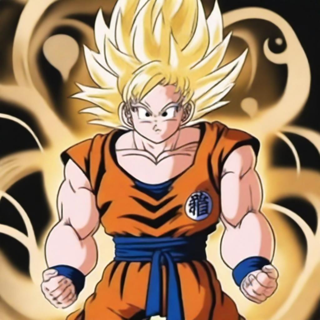 Generate an image of Goku from Dragonball, his hair transformed into a radiant white with golden highlights, standing powerfully against a dramatic backdrop of swirling energy