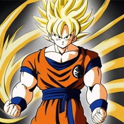 Generate an image of Goku from Dragonball, his hair transformed into a radiant white with golden highlights, standing powerfully against a dramatic backdrop of swirling energy