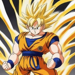 Generate an image of Goku from Dragonball, his hair transformed into a radiant white with golden highlights, standing powerfully against a dramatic backdrop of swirling energy