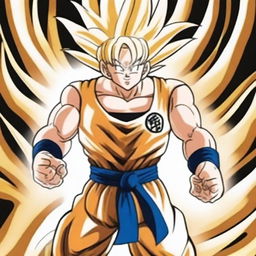 Generate an image of Goku from Dragonball, his hair transformed into a radiant white with golden highlights, standing powerfully against a dramatic backdrop of swirling energy