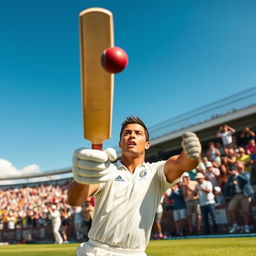 A thrilling moment in a cricket match where Cristiano Ronaldo is seen smashing the ball with his bat, sending it soaring into the stands