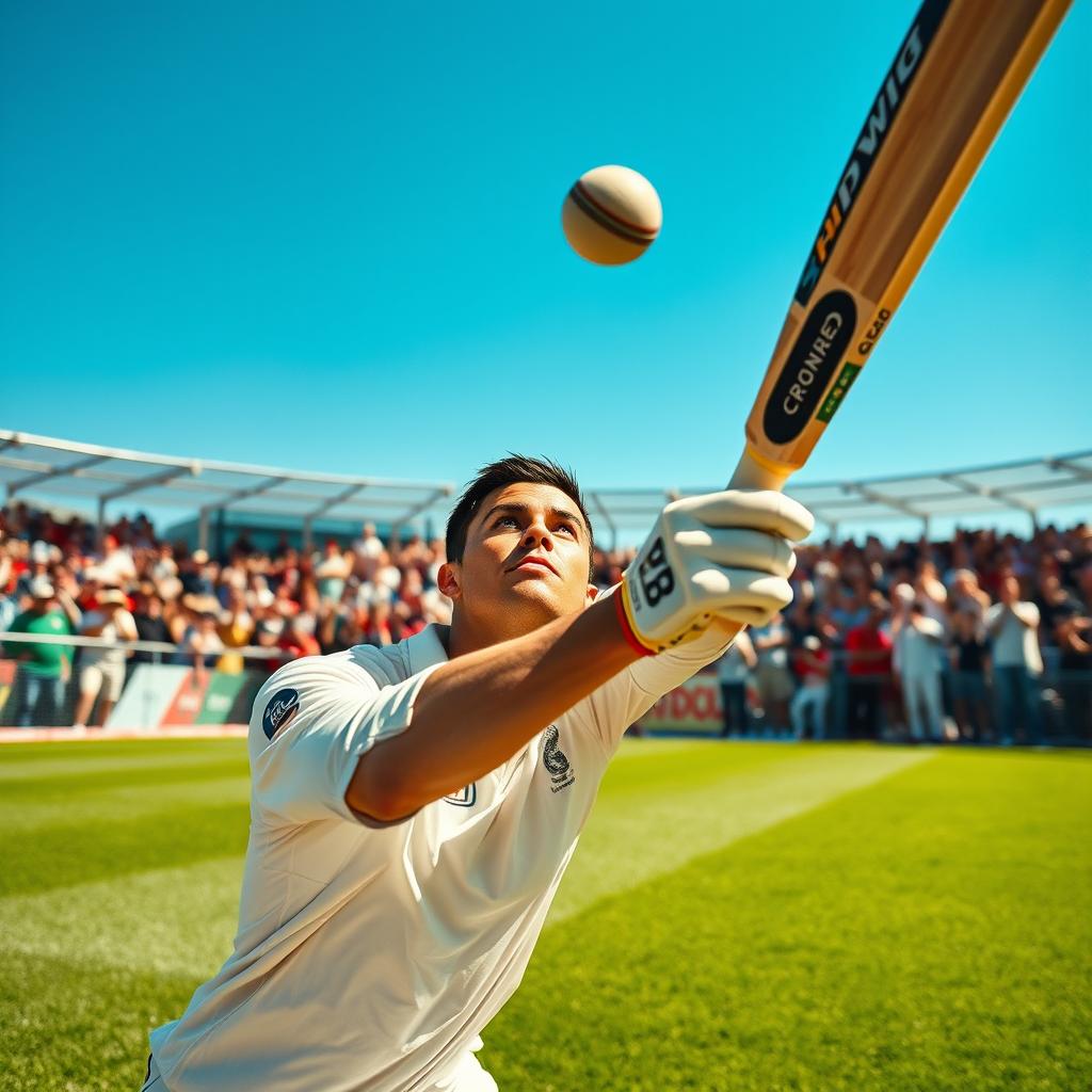 A thrilling moment in a cricket match where Cristiano Ronaldo is seen smashing the ball with his bat, sending it soaring into the stands