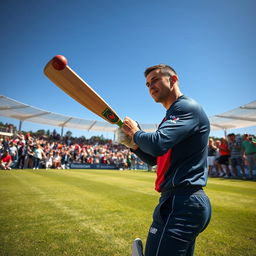 A thrilling moment in a cricket match where Cristiano Ronaldo is seen smashing the ball with his bat, sending it soaring into the stands